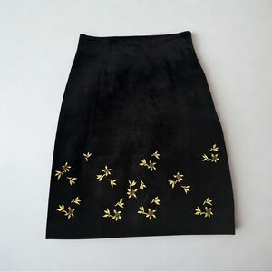 Pia Rucci Black Suede Leather Skirt Gold Floral Embroidery Vintage Y2K 90s 2000s